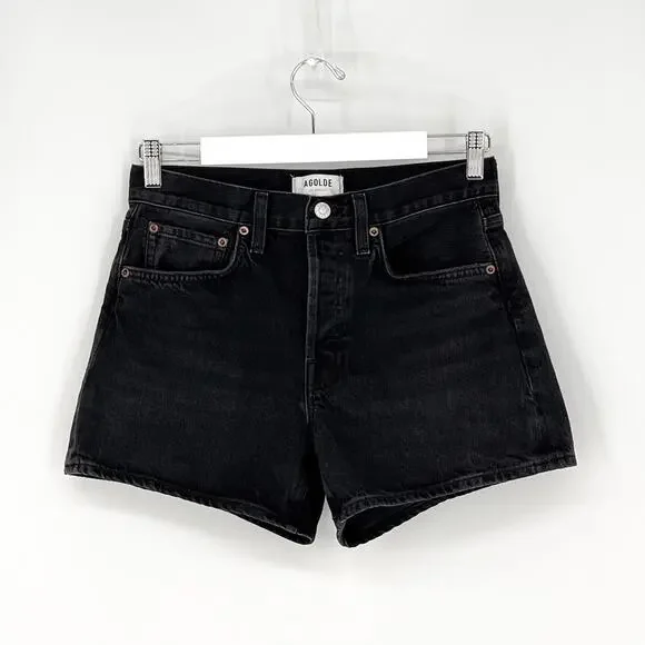 AGOLDE Parker Long Denim Shorts Cat Wash Black Organic Cotton Size 25 - Picture 2 of 5